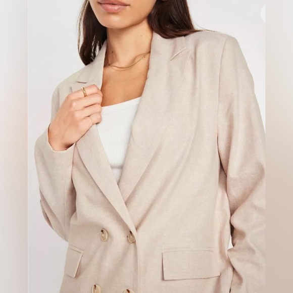 Old Navy Womens Blazer Jacket Size L Linen Blend Double Breasted Notched Tan NWT - Picture 1 of 13